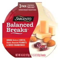 Sargento Balanced Breaks Gouda Natural Cheese, Honey Roasted Peanuts and Dried Cranberries, 3-Pack