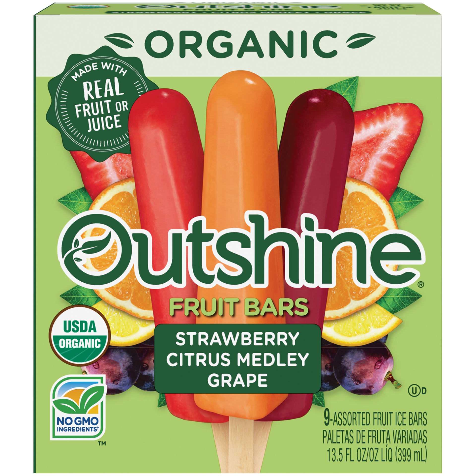 slide 1 of 7, Outshine Organic Strawberry, Citrus Medley & Grape Fruit Ice Bar Variety Pack, 9 ct