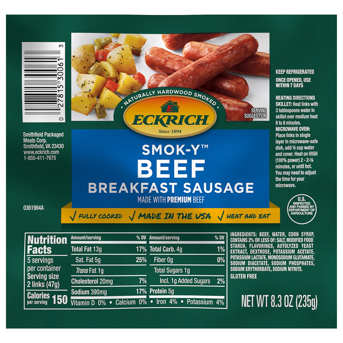 slide 1 of 3, Eckrich Smok-Y Beef Breakfast Sausage Links, 8.3 oz, 8.3 oz