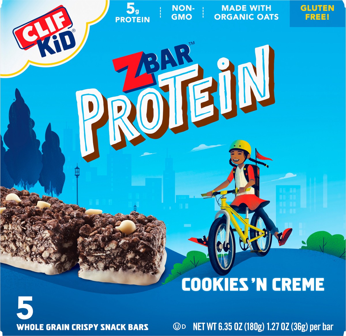 slide 6 of 9, Zbar Protein - Cookies 'n Creme - Crispy Whole Grain Snack Bars - Made with Organic Oats - Non-GMO - 5g Protein - 1.27 oz. (5 Pack), 5 ct; 6.35 oz