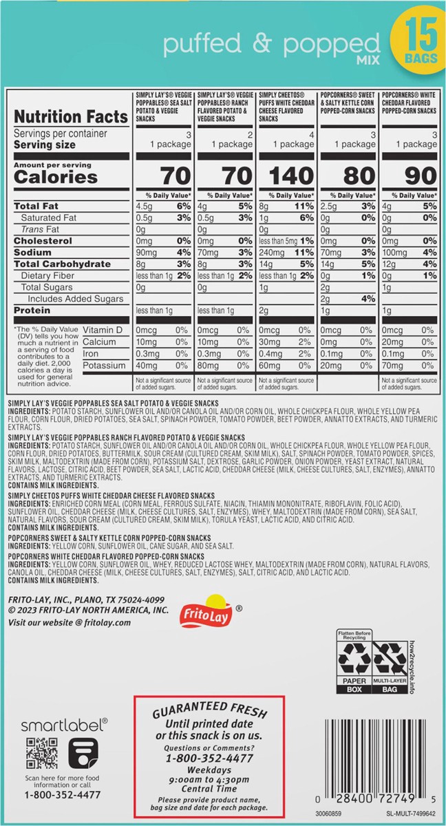 slide 10 of 15, Frito-Lay Snacks Variety Packs Puff & Pop Mix 9.75 Oz, 15 Count, 15 ct