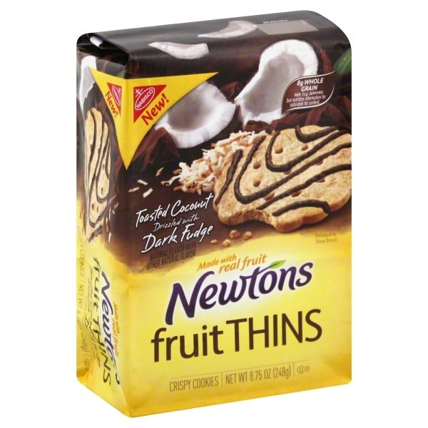 slide 1 of 1, Nabisco Newtons Fruit Thins Toasted Coconut Crispy Cookies Drizzled With Dark Fudge, 8.75 oz bag