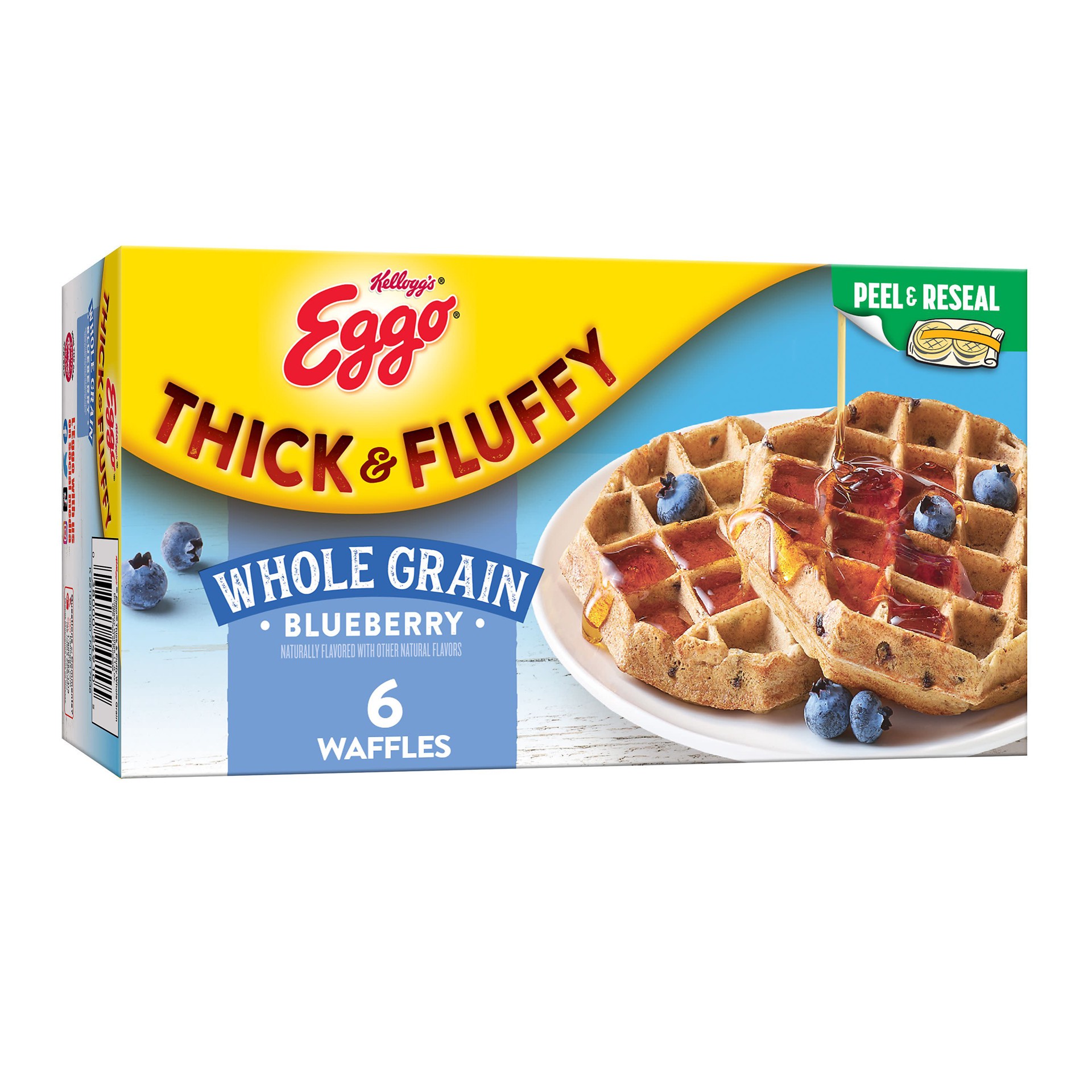 slide 1 of 5, Eggo Thick and Fluffy Frozen Waffles, Frozen Breakfast, Resealable, Blueberry, 11.6oz Box, 6 Waffles, 11.6 oz