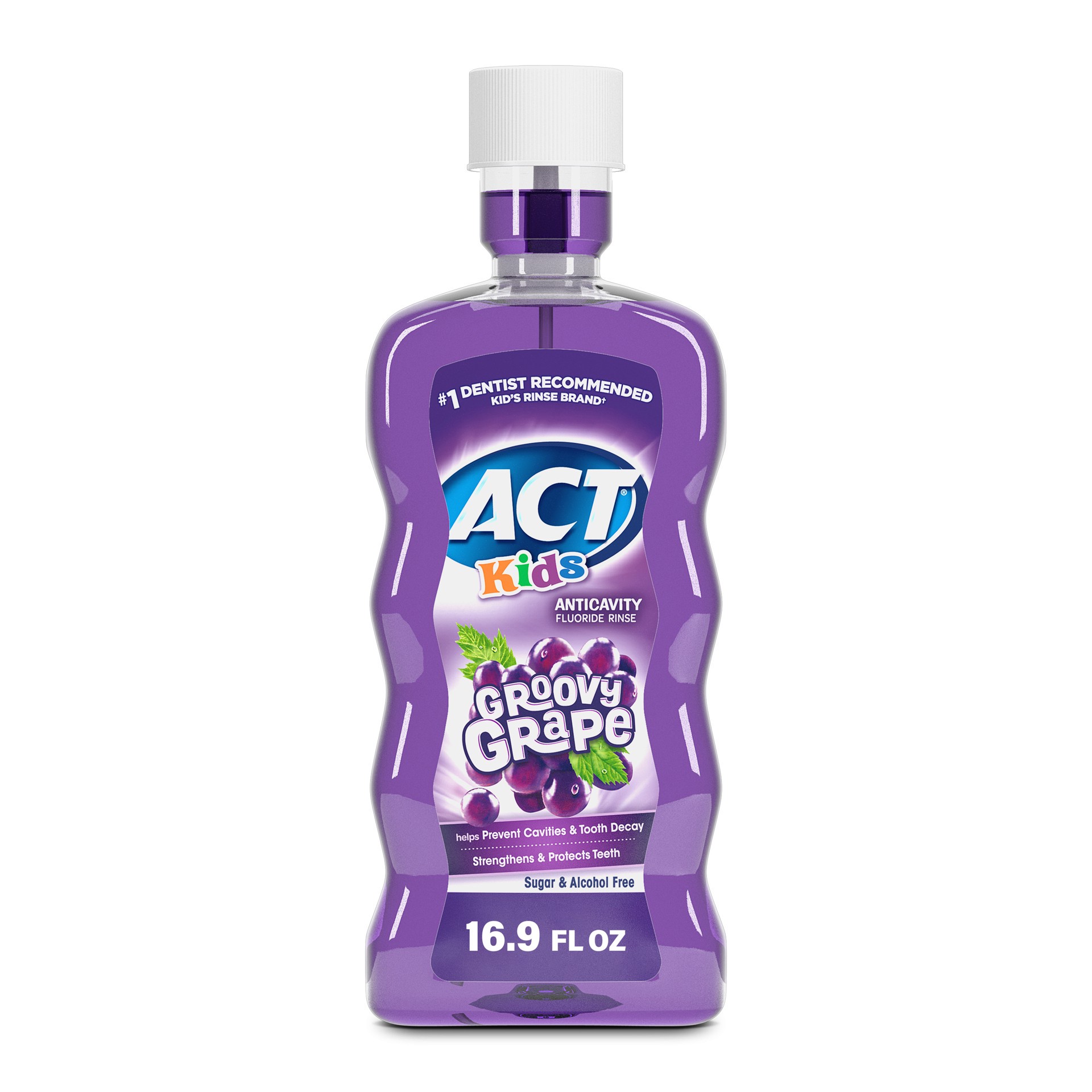 slide 1 of 3, ACT Kids Anticavity Fluoride Mouthwash, Sugar & Alcohol Free Mouth Rinse Strengthens Teeth, Groovy Grape, 16.9 fl. oz., 16.9 fl oz