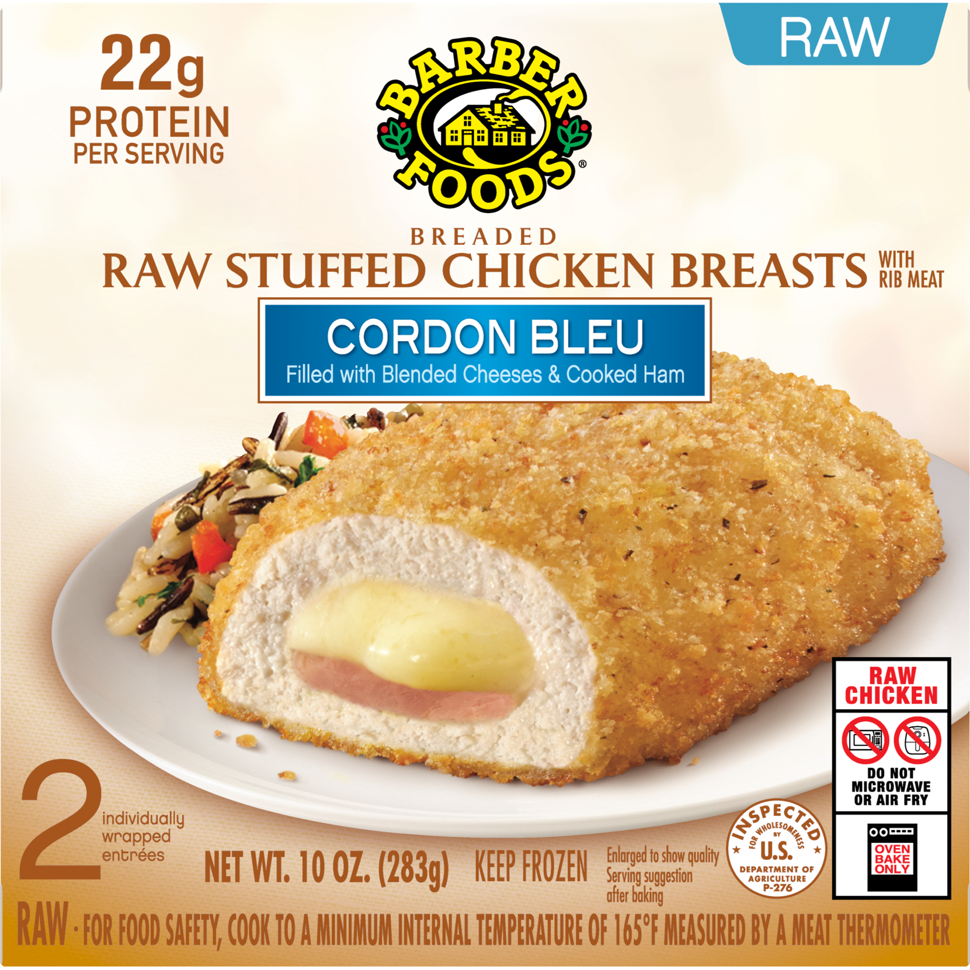 slide 1 of 7, Barber Foods Stuffed Chicken Breasts Cordon Bleu, 2 Count (Frozen), 283.50 g