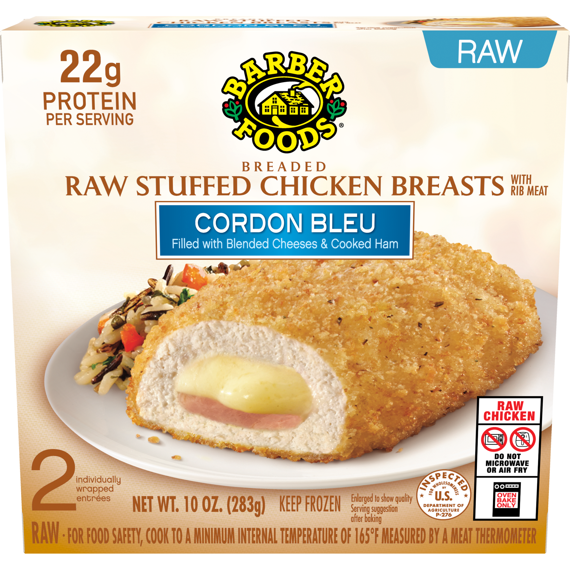 slide 1 of 7, Barber Foods Stuffed Chicken Breasts Cordon Bleu, 2 Count (Frozen), 283.50 g