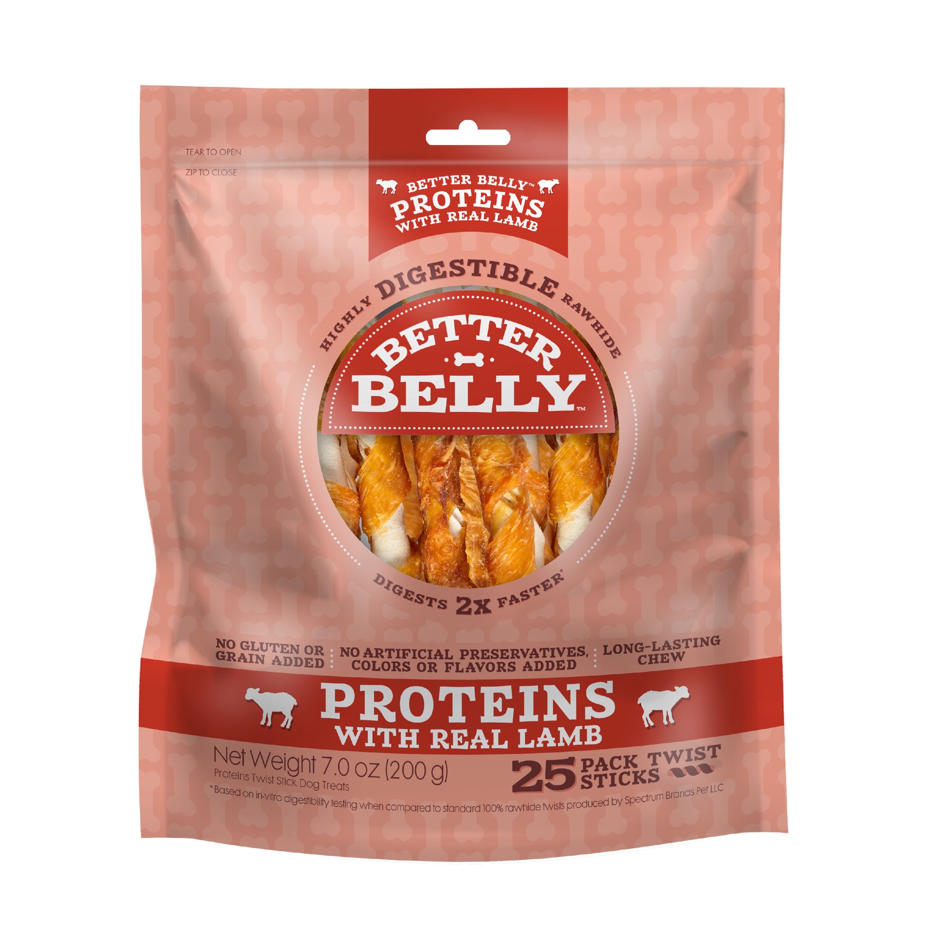 slide 1 of 10, Better Belly Proteins with Real Lamb Twists, Digestible Rawhide for Dogs, 25 Count, 0.61 lb