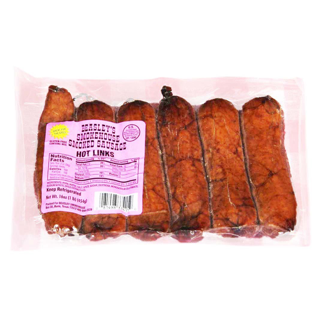 slide 1 of 1, Beasley's Smokehouse Hot Sausage Links, 16 oz