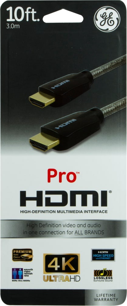 slide 1 of 1, GE Pro HDMI Cable, High Speed With Ethernet, Gold Connectors - Black, 10 ft