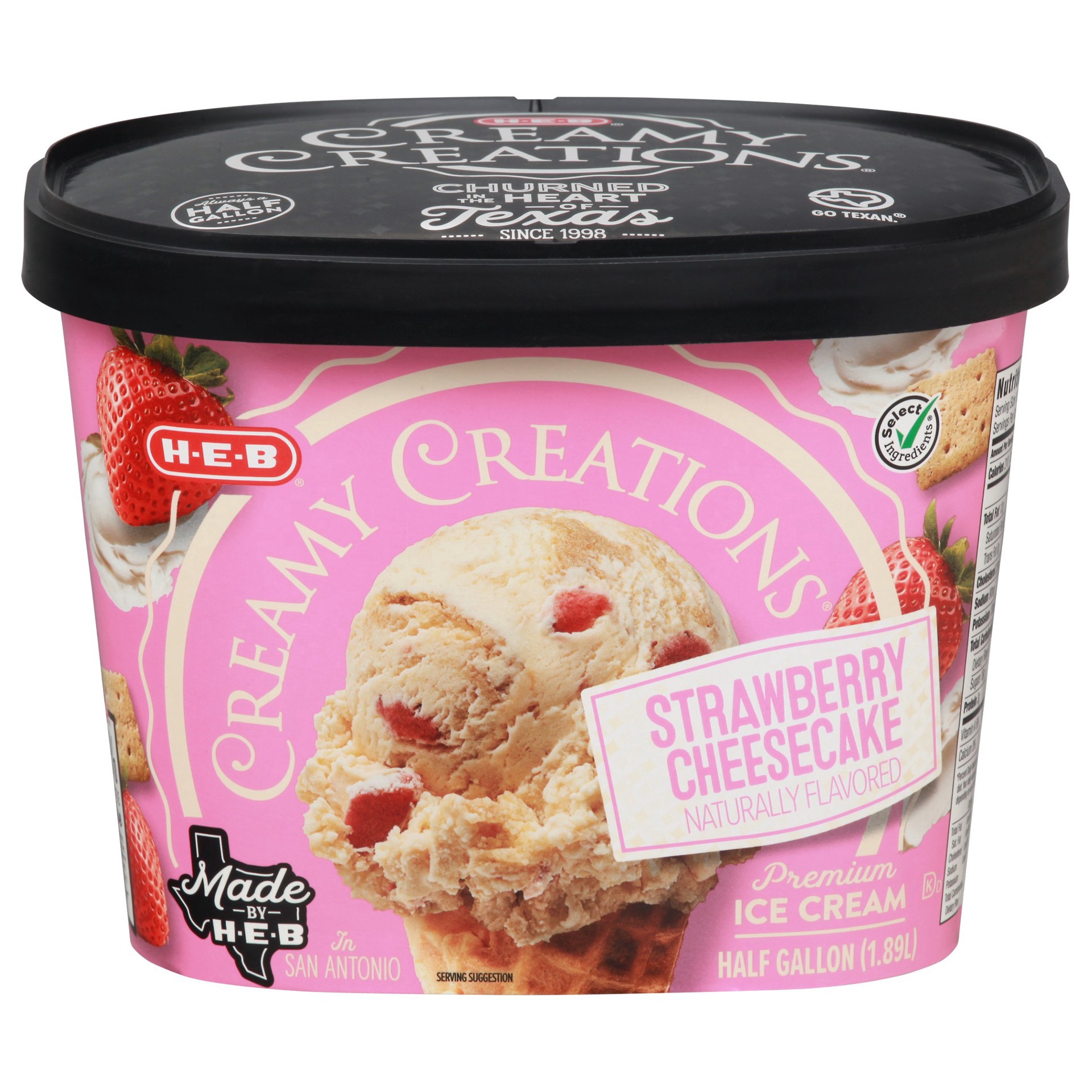 slide 1 of 1, H-E-B Creamy Creations Strawberry Cheesecake Flavored Ice Cream, 64 fl oz