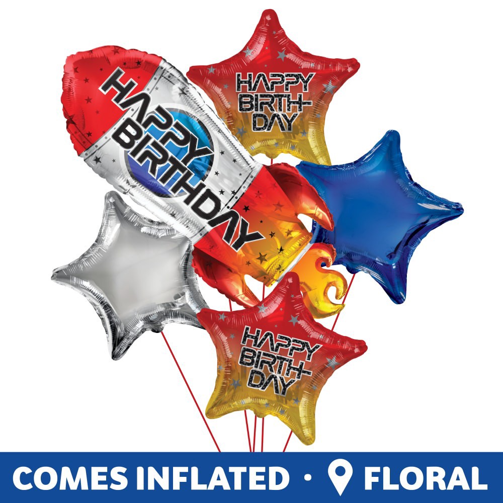 slide 3 of 5, Rocket Birthday Helium Filled Balloon Bouquet, 5 ct