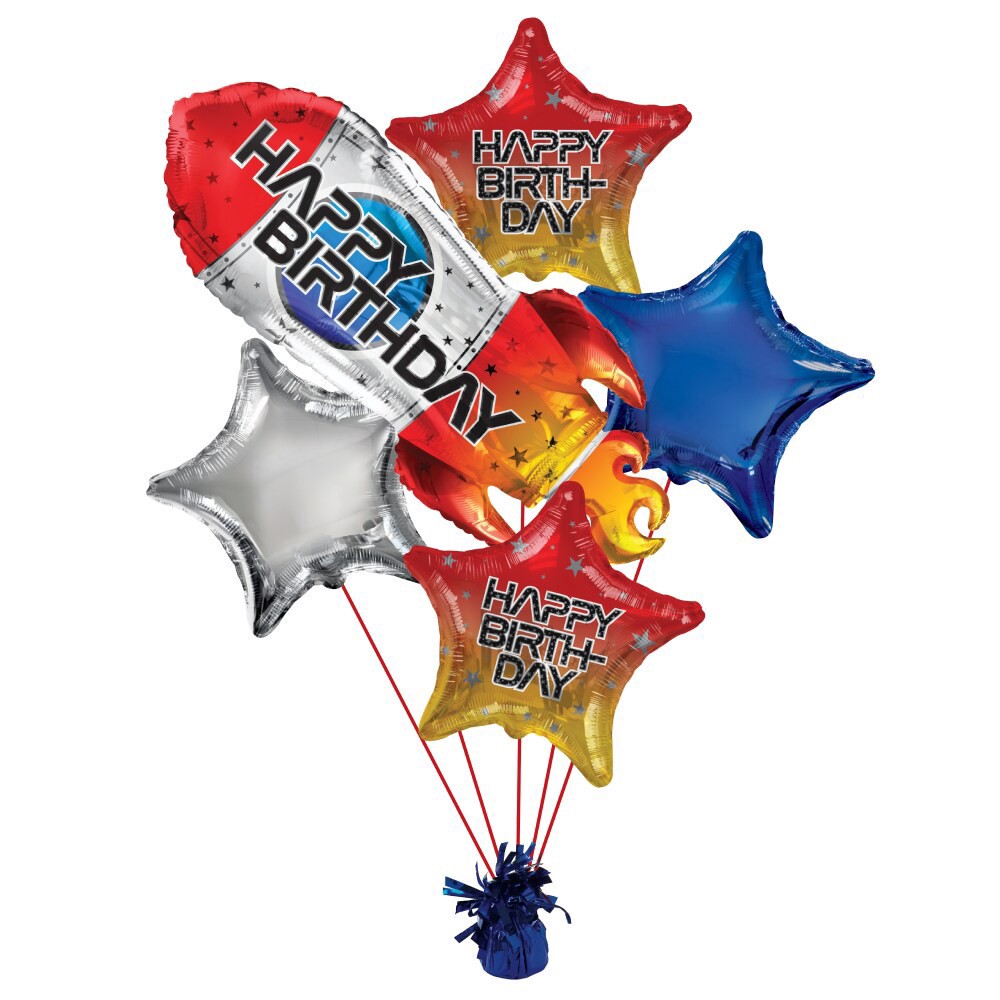 slide 2 of 5, Rocket Birthday Helium Filled Balloon Bouquet, 5 ct