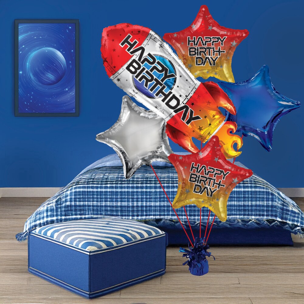 slide 4 of 5, Rocket Birthday Helium Filled Balloon Bouquet, 5 ct