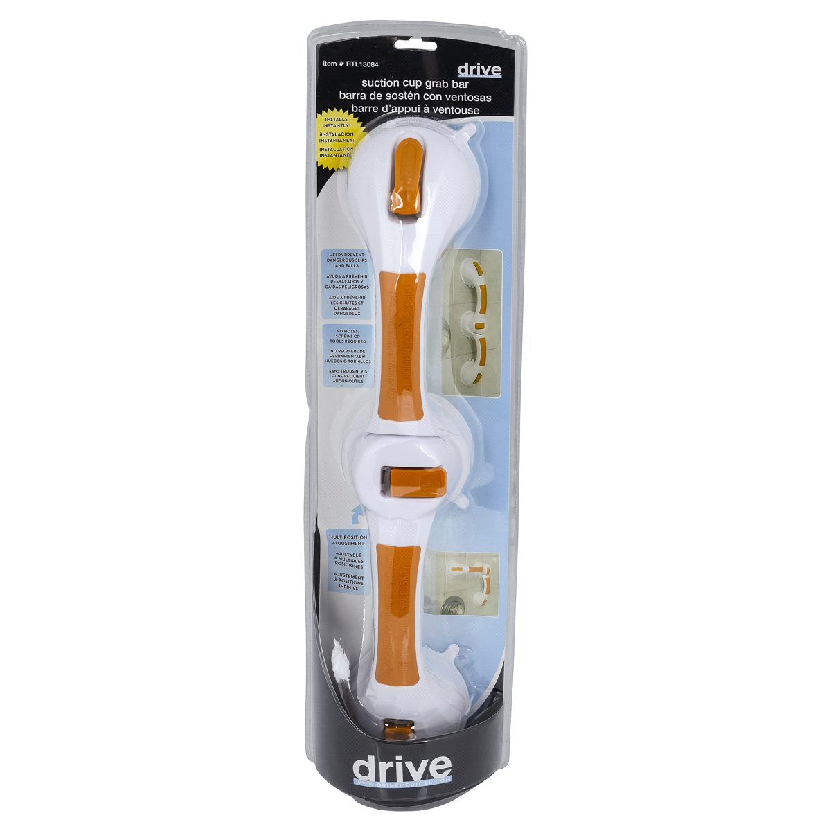 slide 1 of 5, Drive Medical Drive Suction Cup Grab Bar, White/Orange, 1 ct