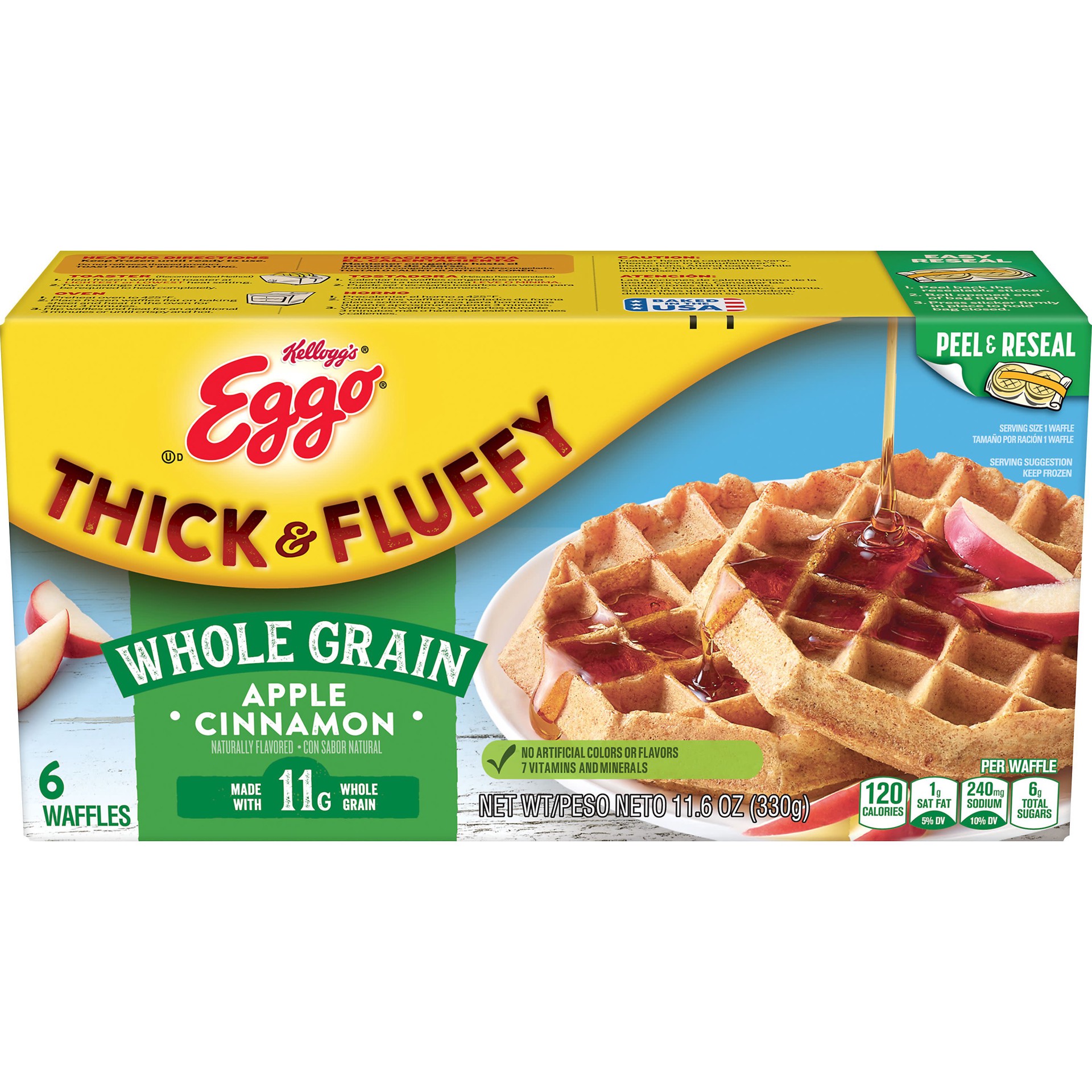 slide 1 of 5, Eggo Thick and Fluffy Frozen Waffles, Frozen Breakfast, Resealable, Belgian Style, Apple Cinnamon, 11.6oz Box, 6 Waffles, 11.6 oz