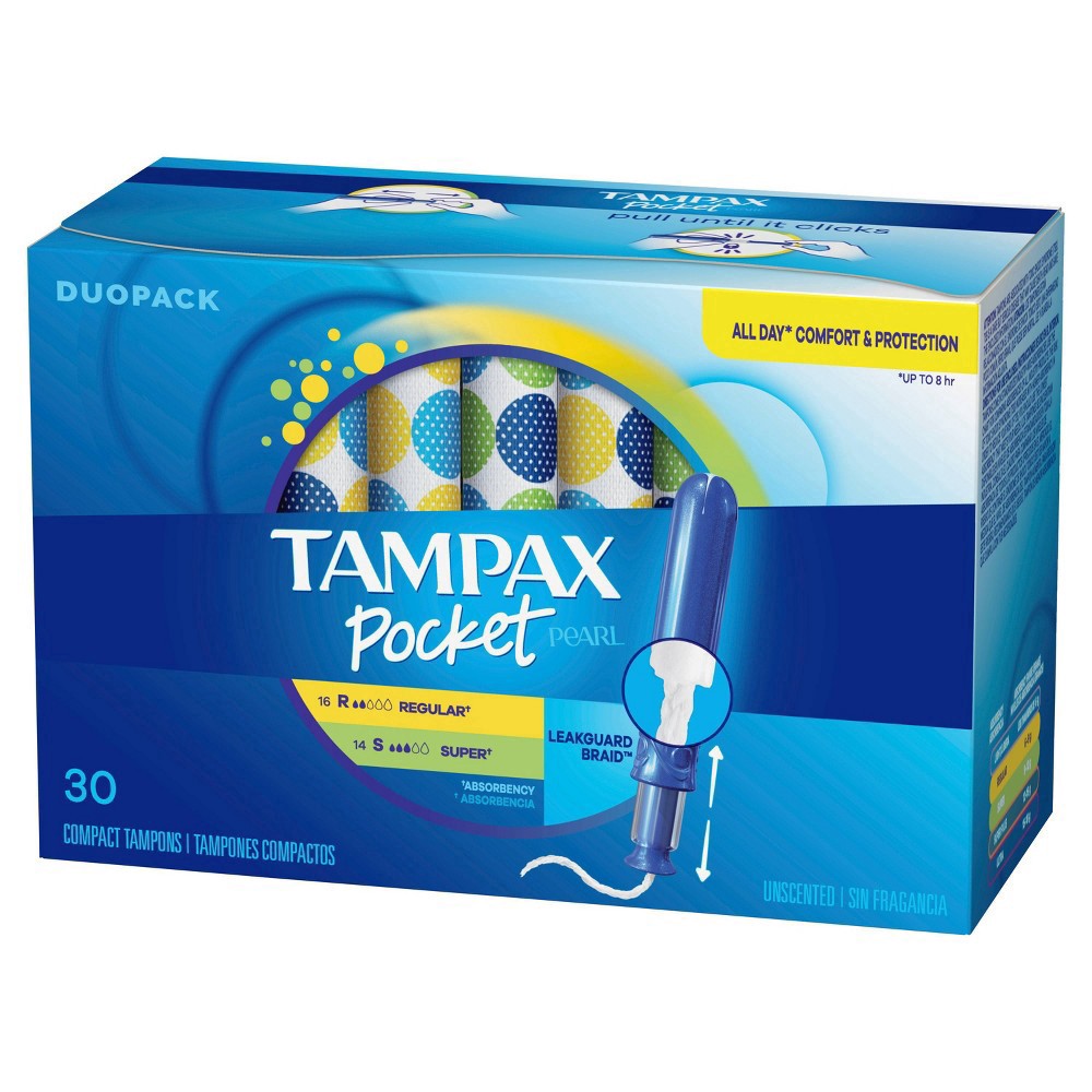slide 2 of 8, Tampax Pocket Pearl Duopack Regular/Super Absorbency Compact Unscented Tampons 30 ea, 30 ct