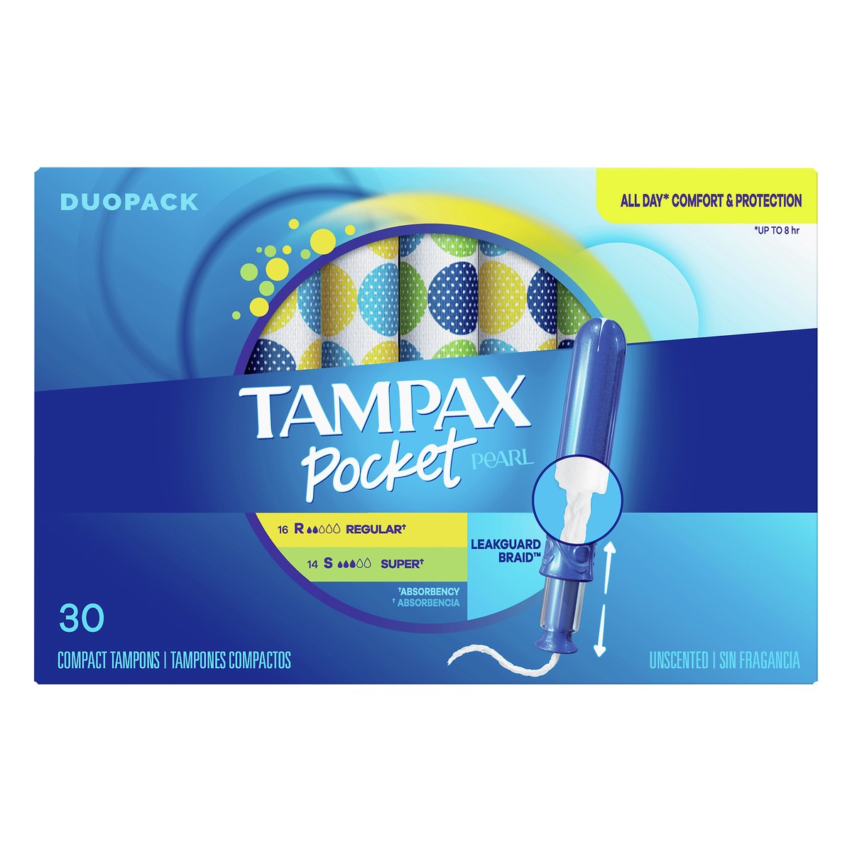 slide 1 of 8, Tampax Pocket Pearl Duopack Regular/Super Absorbency Compact Unscented Tampons 30 ea, 30 ct
