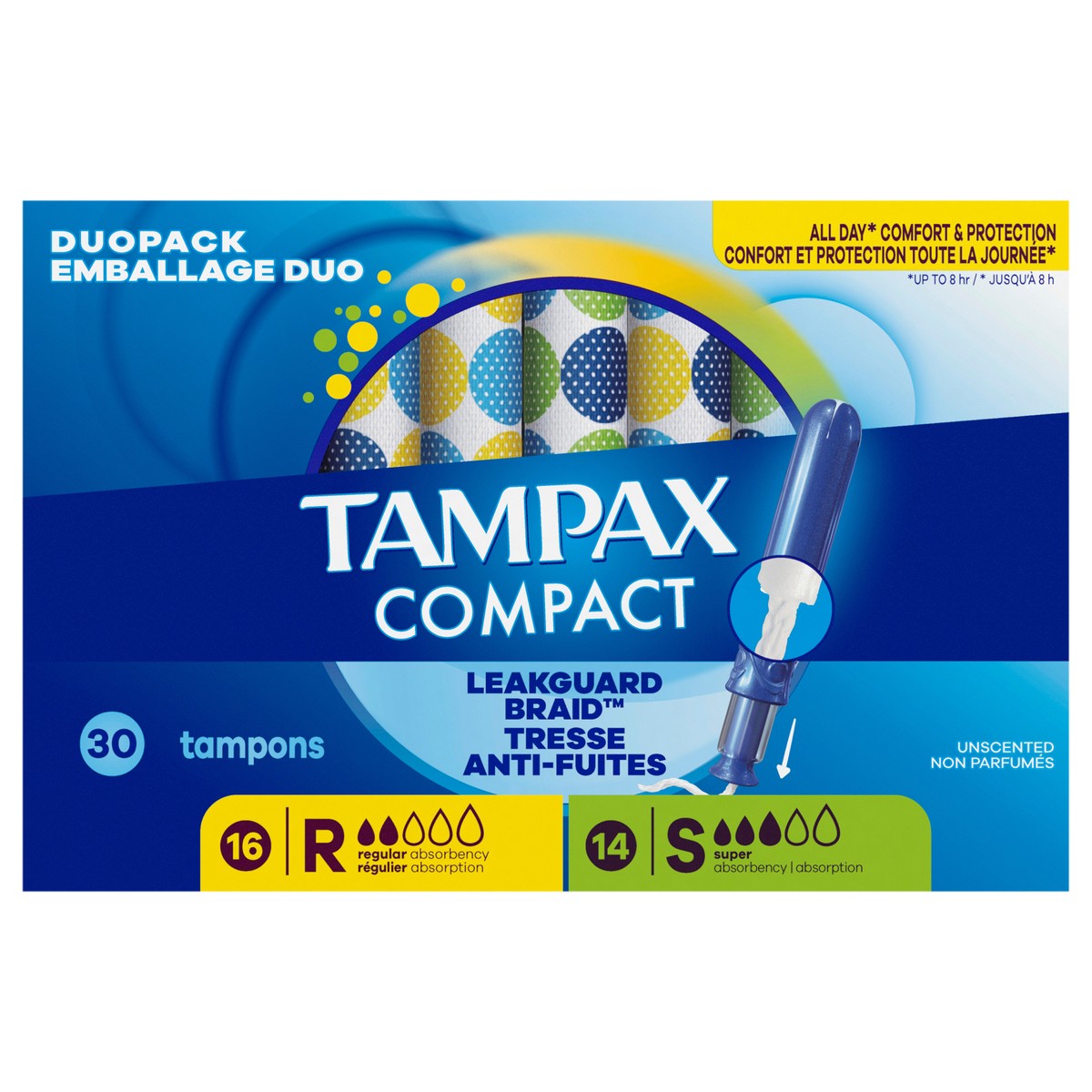 slide 1 of 8, Tampax Compact Pearl Tampons Multipack, with LeakGuard Braid & Extendable Applicator, Regular/Super Absorbency, Compact Extendable Applicator, Unscented, 30 Count, 30 ct