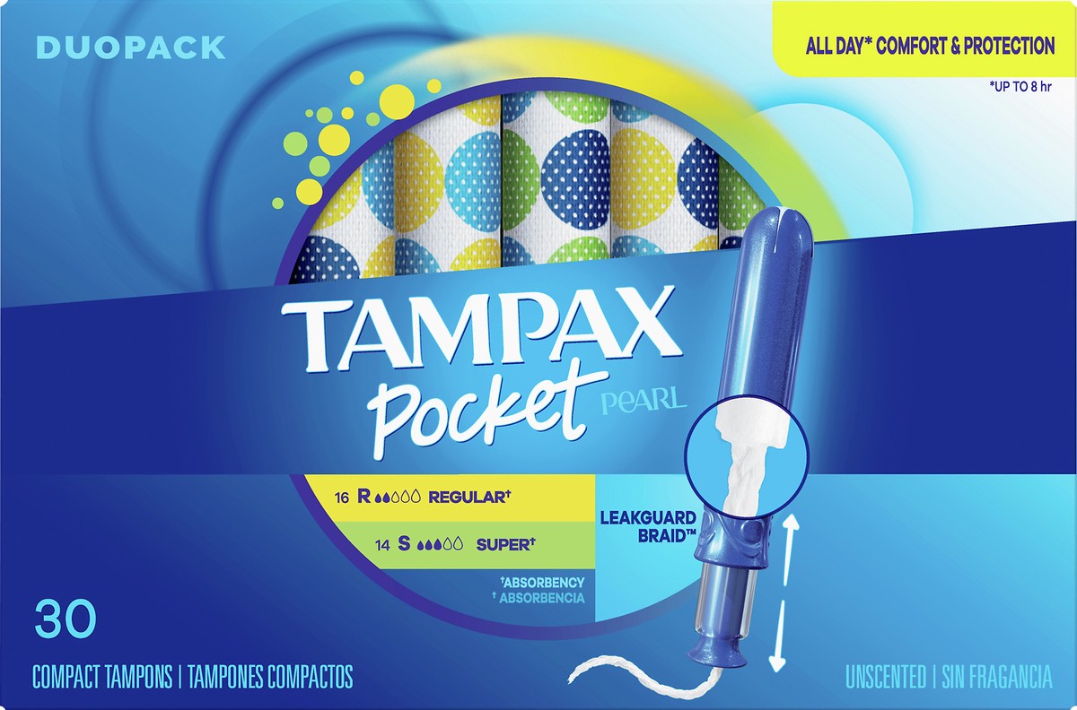 slide 1 of 8, Tampax Pocket Pearl Duopack Regular/Super Absorbency Compact Unscented Tampons 30 ea, 30 ct