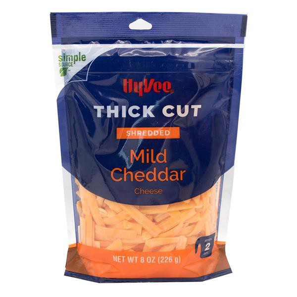 slide 1 of 1, Hy-Vee Thick Cut Shredded Mild Cheddar Cheese, 8 oz