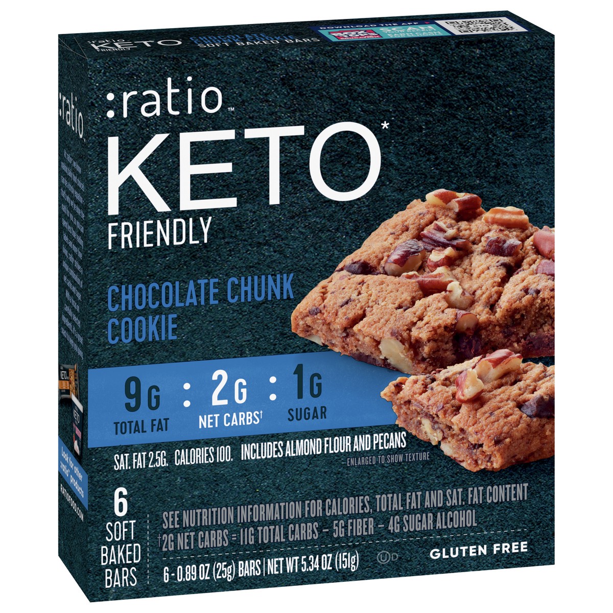 slide 4 of 9, :ratio Soft Baked Bars, Chocolate Chunk Cookie, 1g Sugar, Keto Friendly, 5.34 OZ (6 Bars), 6 ct