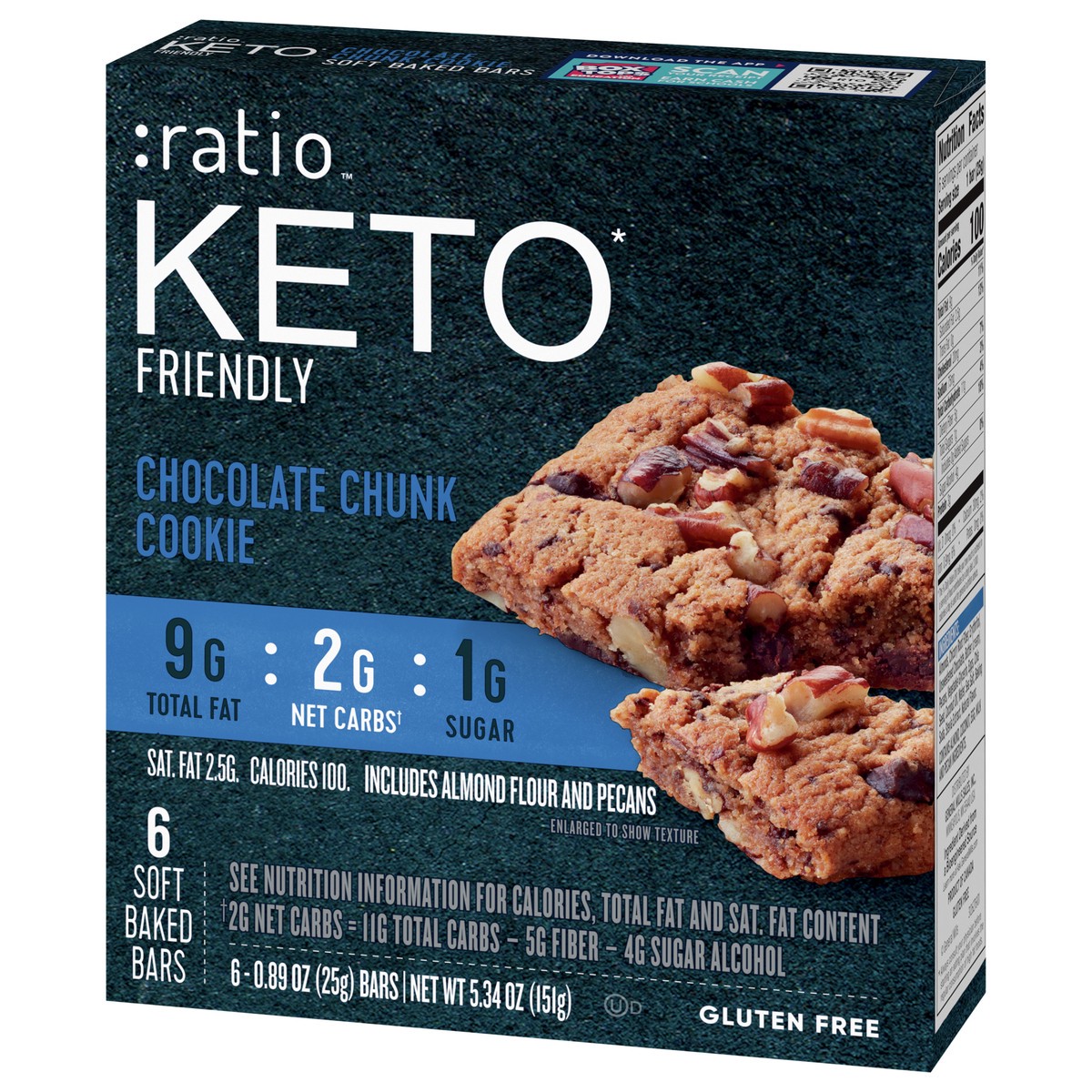 slide 9 of 9, :ratio Soft Baked Bars, Chocolate Chunk Cookie, 1g Sugar, Keto Friendly, 5.34 OZ (6 Bars), 6 ct