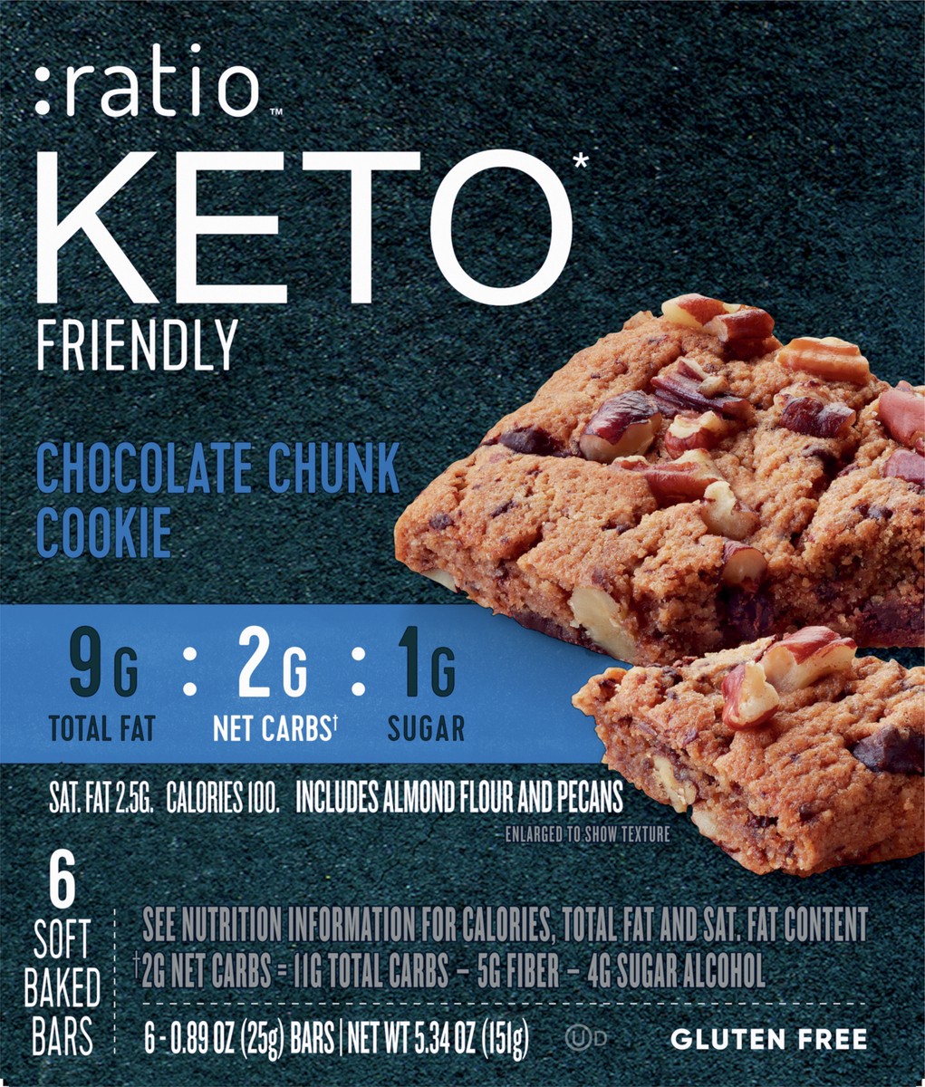 slide 6 of 9, :ratio Soft Baked Bars, Chocolate Chunk Cookie, 1g Sugar, Keto Friendly, 5.34 OZ (6 Bars), 6 ct