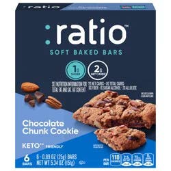 :ratio Soft Baked Bars, Chocolate Chunk Cookie, 1g Sugar, Keto Friendly, 5.34 OZ (6 Bars)
