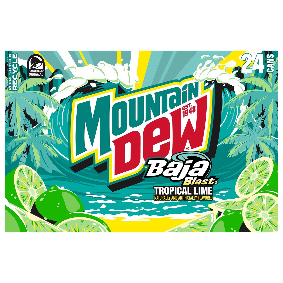 slide 1 of 11, Mountain Dew Baja Blast Soda Tropical Lime 12 Fl Oz 24 Count, 24 ct; 12 oz