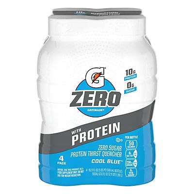 slide 1 of 1, Gatorade Zero Zero Sugar Protein Thirst Quencher Cool Blue 16.9 Fl Oz 4 Count Bottles, 67.6 oz