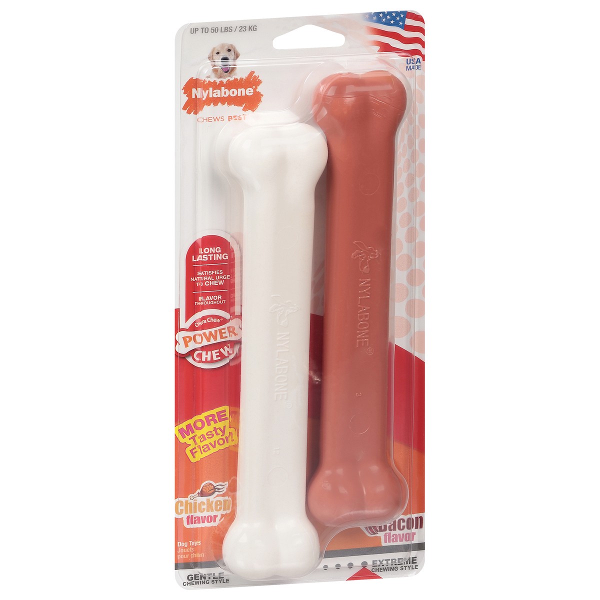 slide 9 of 12, Nylabone Power Chew Chicken/Bacon Dog Toys 1 ea, 2 ct