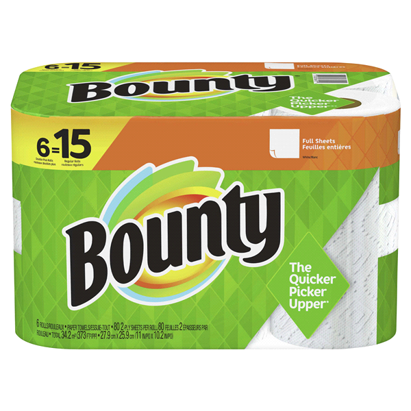 slide 1 of 1, Bounty Paper Towels, White, 6 Double Plus Rolls = 15 Regular Rolls, 6 Count, 6 ct