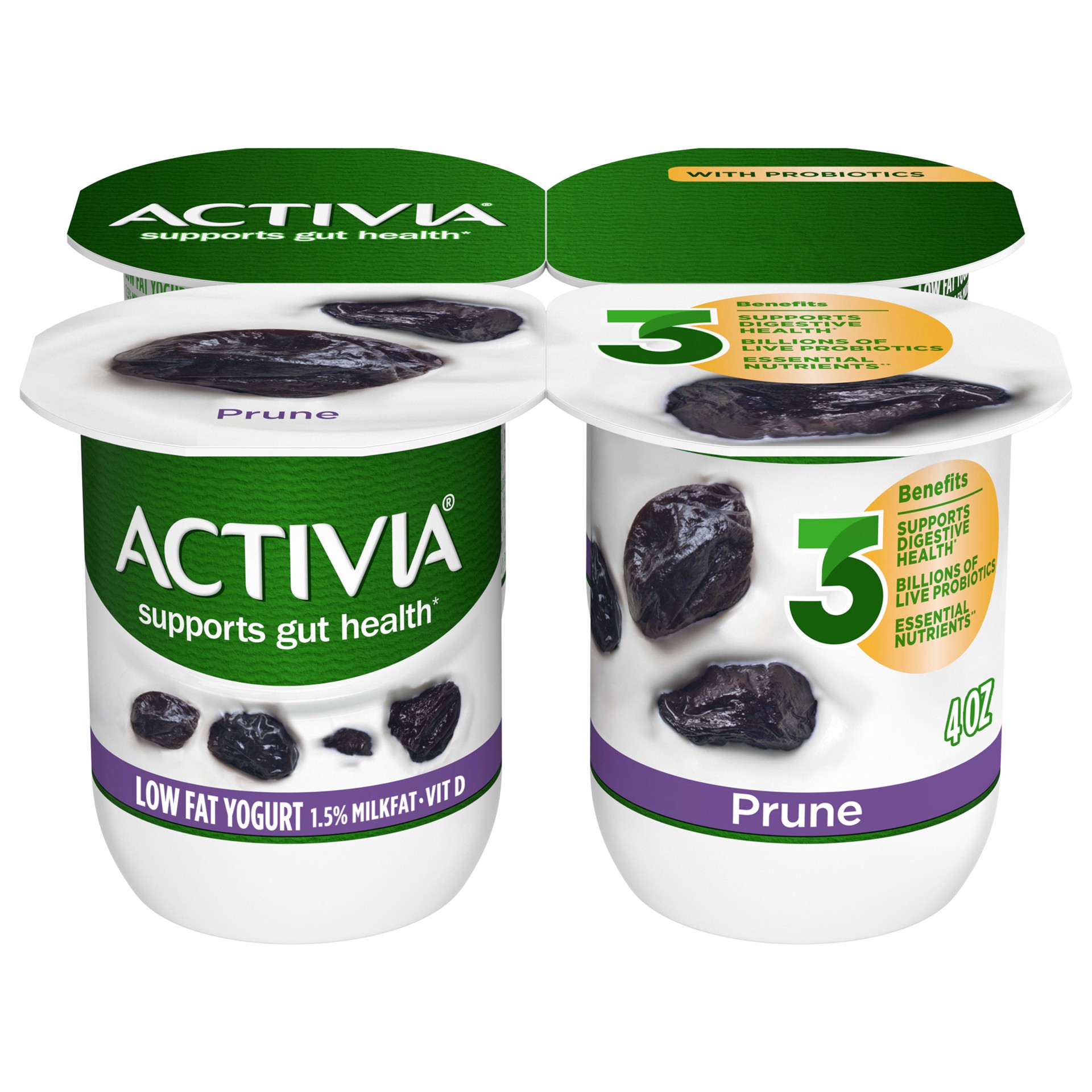 slide 1 of 4, Activia Prune Lowfat, Probiotic Yogurt Cups, 4 oz