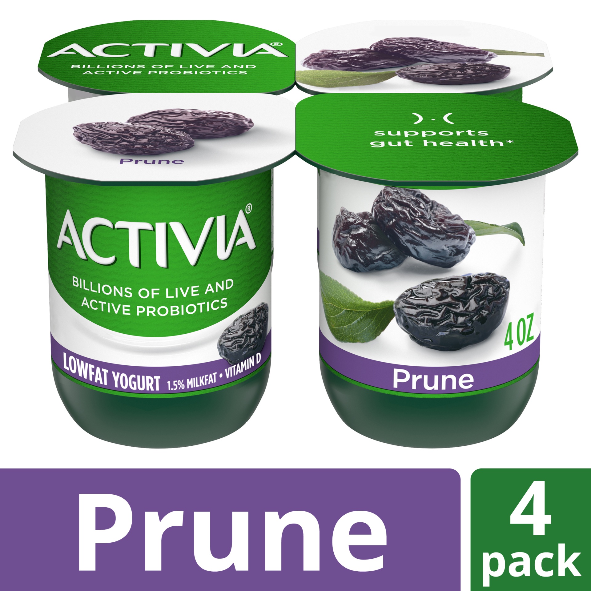 slide 1 of 7, Activia Low Fat Probiotic Prune Yogurt Cups, 4 oz