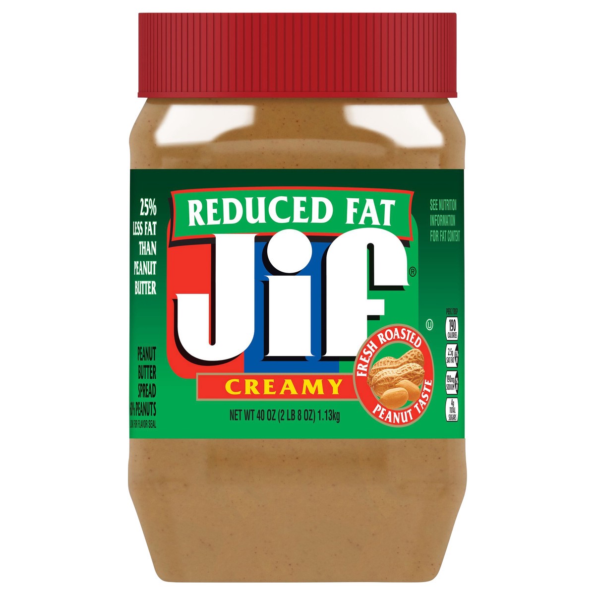 slide 1 of 16, Jif Reduced Fat Creamy Peanut Butter Spread - 60% Peanuts, 40 Ounces, 40 oz