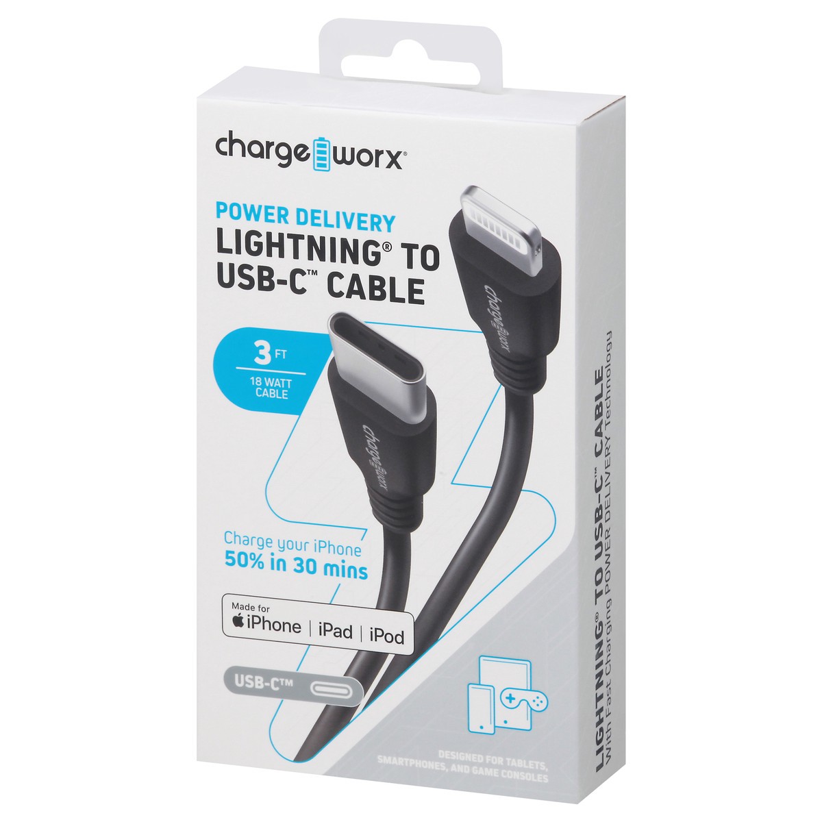 slide 6 of 9, Chargeworx Lightning 3 FT Black Power Delivery USB-C Cable 1 ea, 1 ea