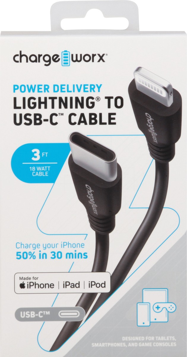 slide 4 of 9, Chargeworx Lightning 3 FT Black Power Delivery USB-C Cable 1 ea, 1 ea