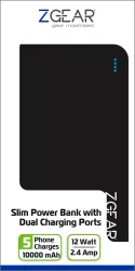 Zgear 10000 Mah Slim Dual Charging Port Power Bank - Black