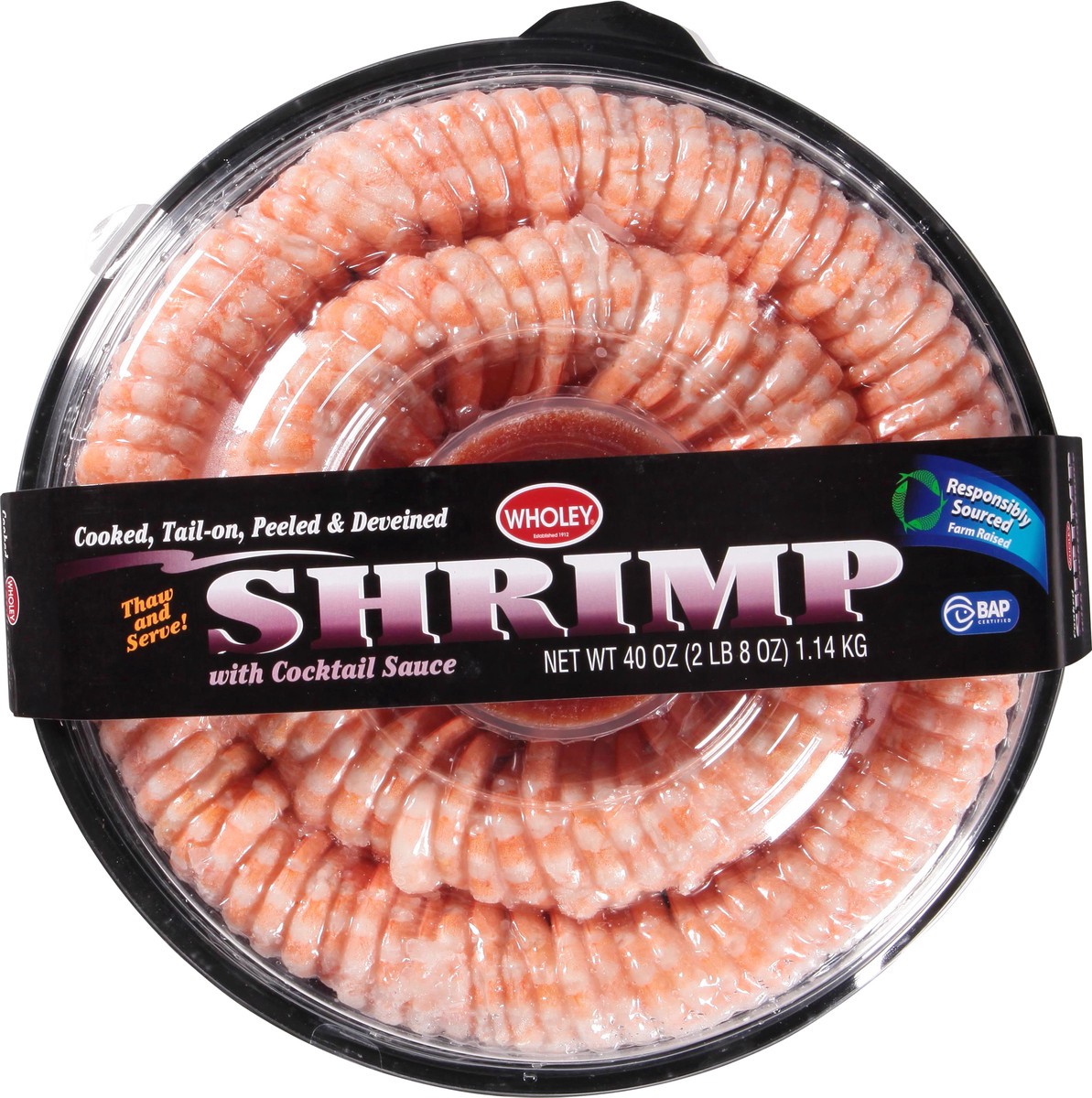 slide 14 of 14, Wholey Cooked Shrimp Ring 61/70 Ct Tail-On Peeled and Deveined 40 Oz, 16 oz