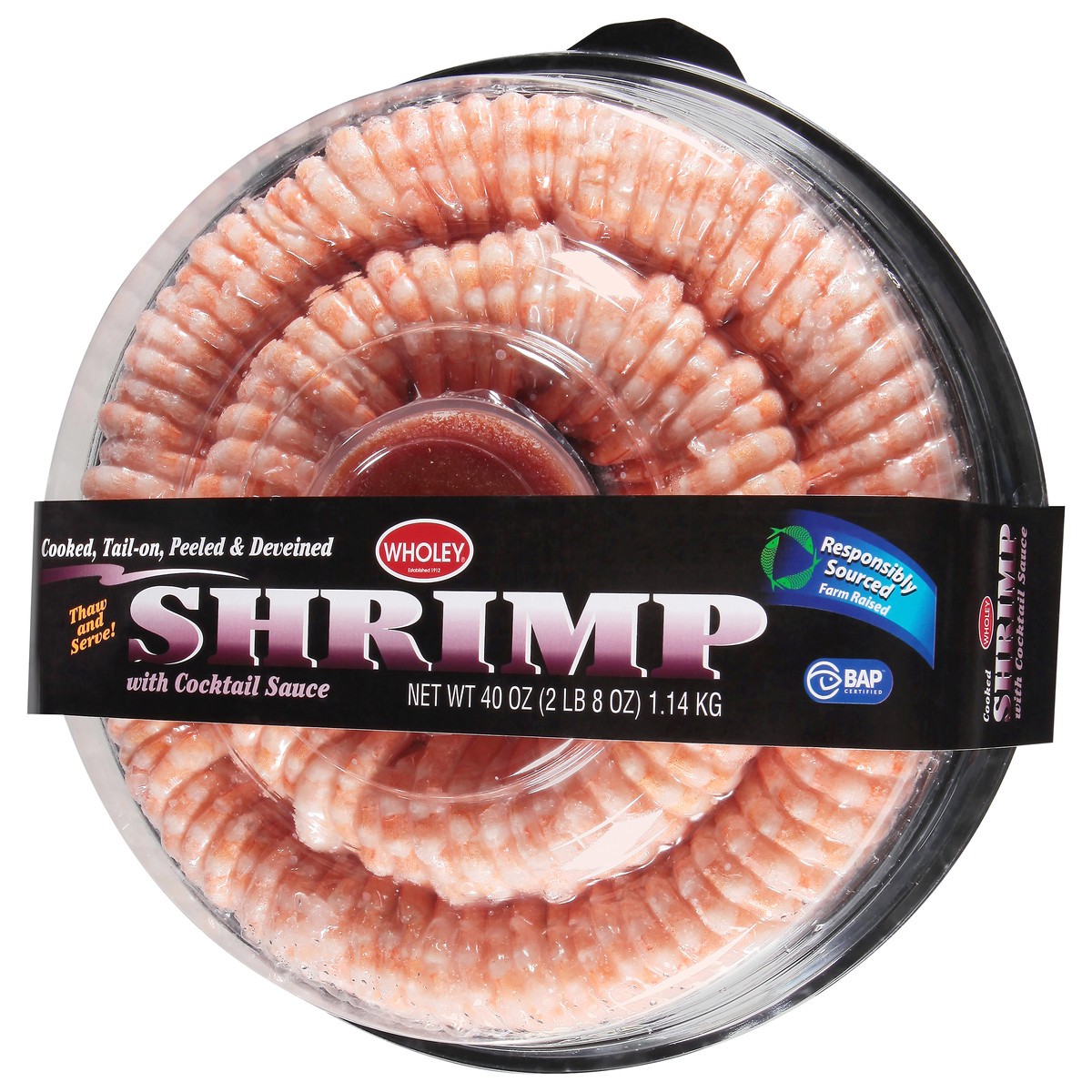 slide 2 of 14, Wholey Cooked Shrimp Ring 61/70 Ct Tail-On Peeled and Deveined 40 Oz, 16 oz