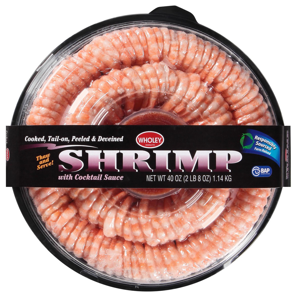slide 11 of 14, Wholey Cooked Shrimp Ring 61/70 Ct Tail-On Peeled and Deveined 40 Oz, 16 oz