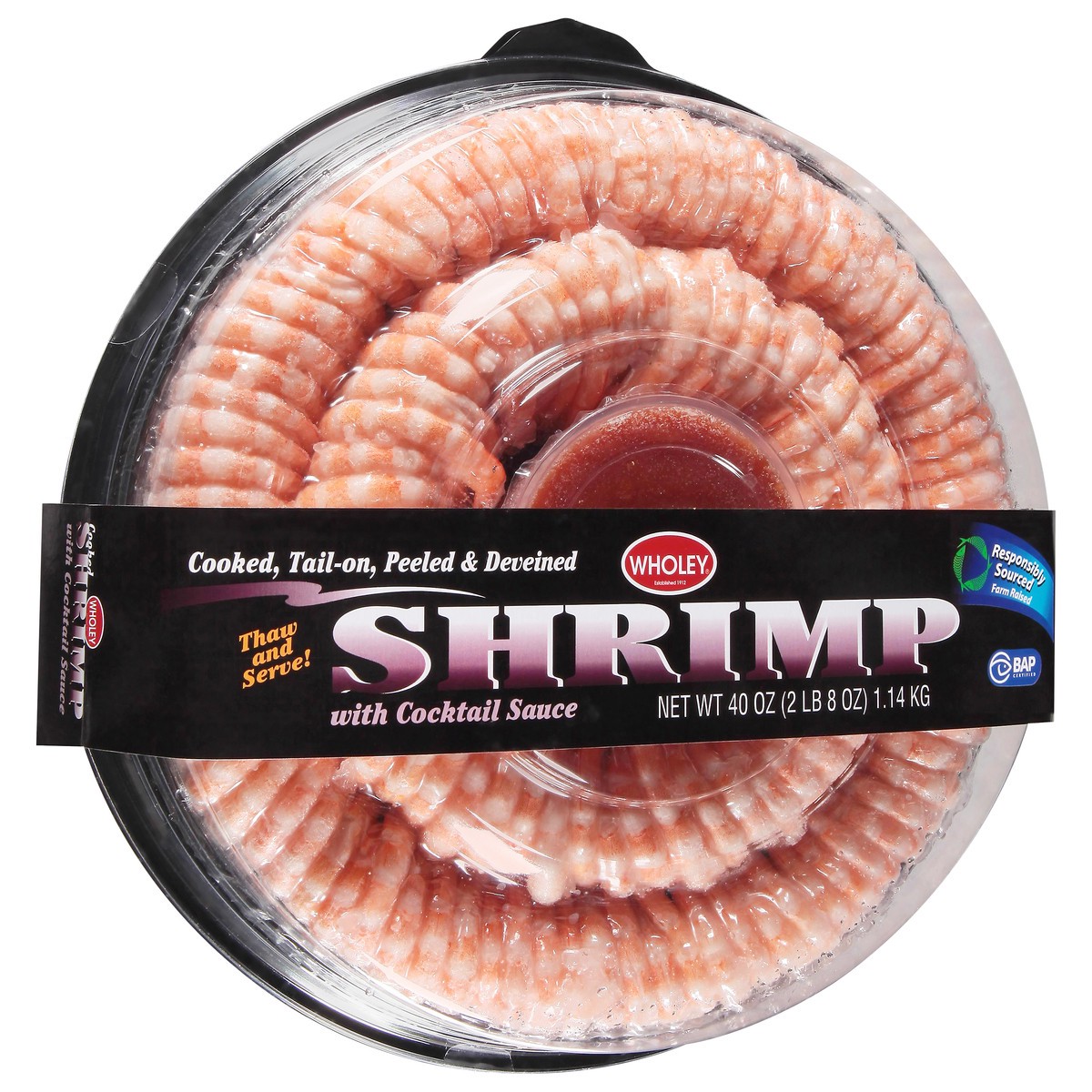 slide 5 of 14, Wholey Cooked Shrimp Ring 61/70 Ct Tail-On Peeled and Deveined 40 Oz, 16 oz