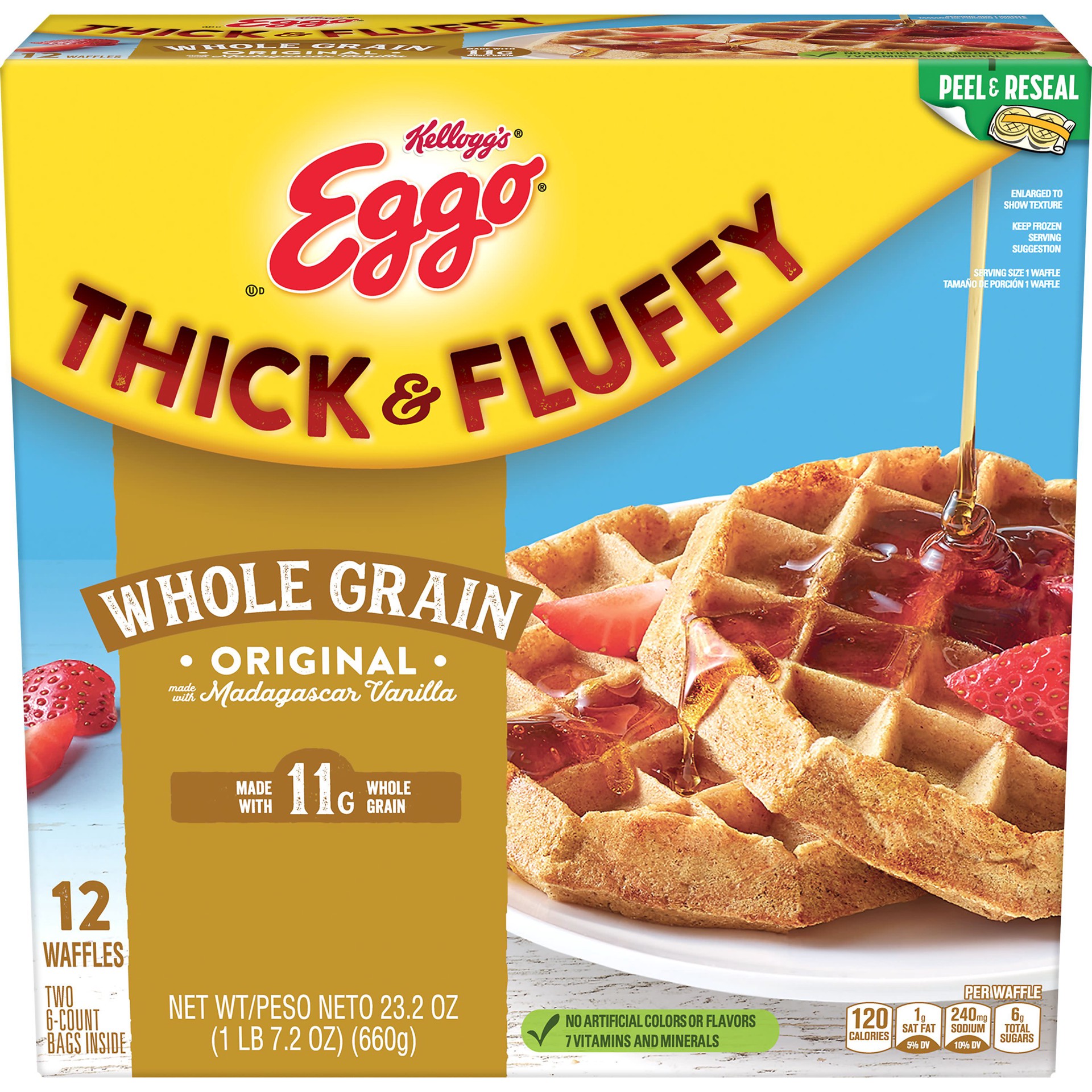 slide 1 of 5, Eggo Thick and Fluffy Frozen Waffles, Frozen Breakfast, Resealable, Original, 23.2oz Box, 12 Waffles, 23.20 oz