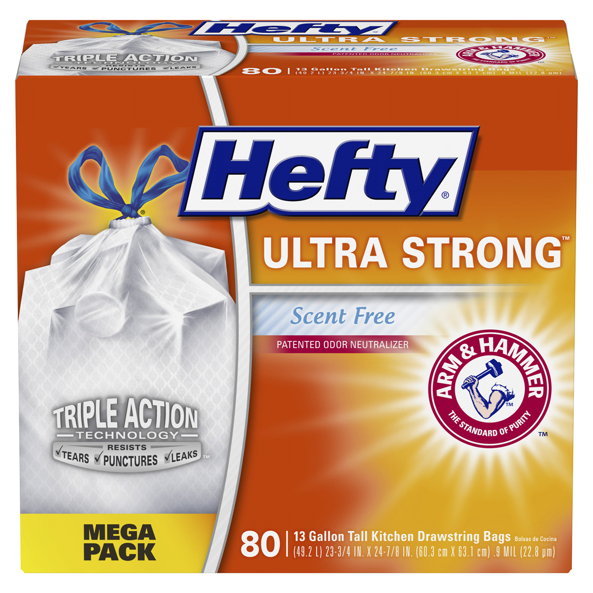 slide 1 of 1, Hefty Ultra Strong Scent Free Tall Drawstring 13 Gallon Kitchen Bags, 80 ct