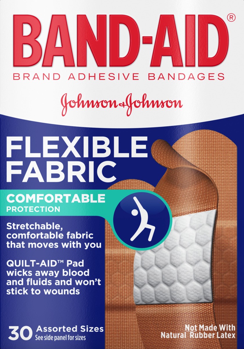 slide 4 of 6, BAND-AID Flexible Fabric Adhesive Bandages, Comfortable Sterile Protection & Wound Care for Minor Cuts & Burns, Quilt-Aid Technology to Cushion Painful Wounds, Assorted Sizes, 30 ct, 30 cnt