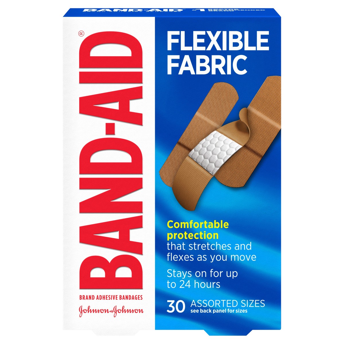slide 1 of 6, BAND-AID Flexible Fabric Adhesive Bandages, Comfortable Sterile Protection & Wound Care for Minor Cuts & Burns, Quilt-Aid Technology to Cushion Painful Wounds, Assorted Sizes, 30 ct, 30 cnt