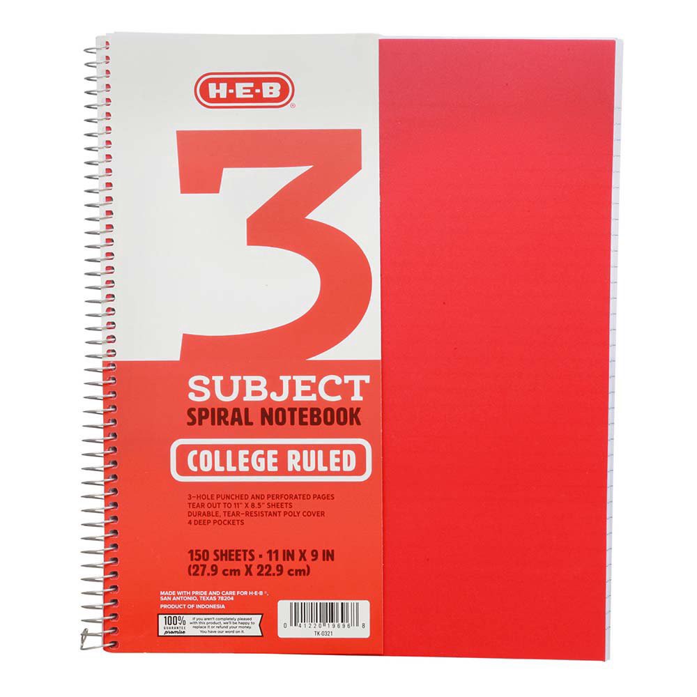 slide 1 of 1, H-E-B 3 Subject College Ruled Poly Spiral Notebook - Red, 11 in x 9 in