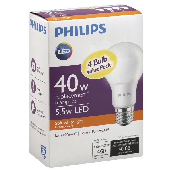 slide 1 of 1, Philips 450 Lumen A19 Soft White LED Light Bulbs, 4 ct