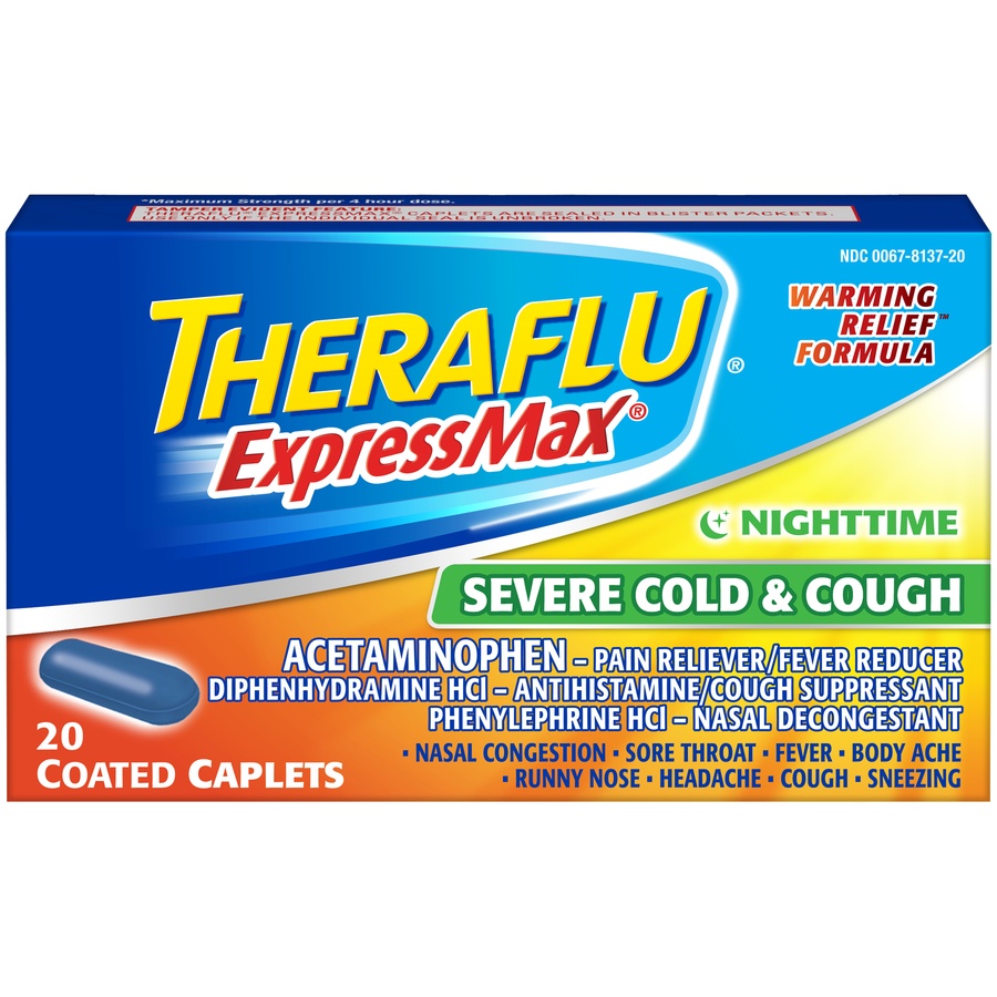 slide 1 of 1, Theraflu Expressmax Severe Cold Cough Nighttime Warming Relief Formula Coated Caplets For Cough Cold Relief, 20 ct