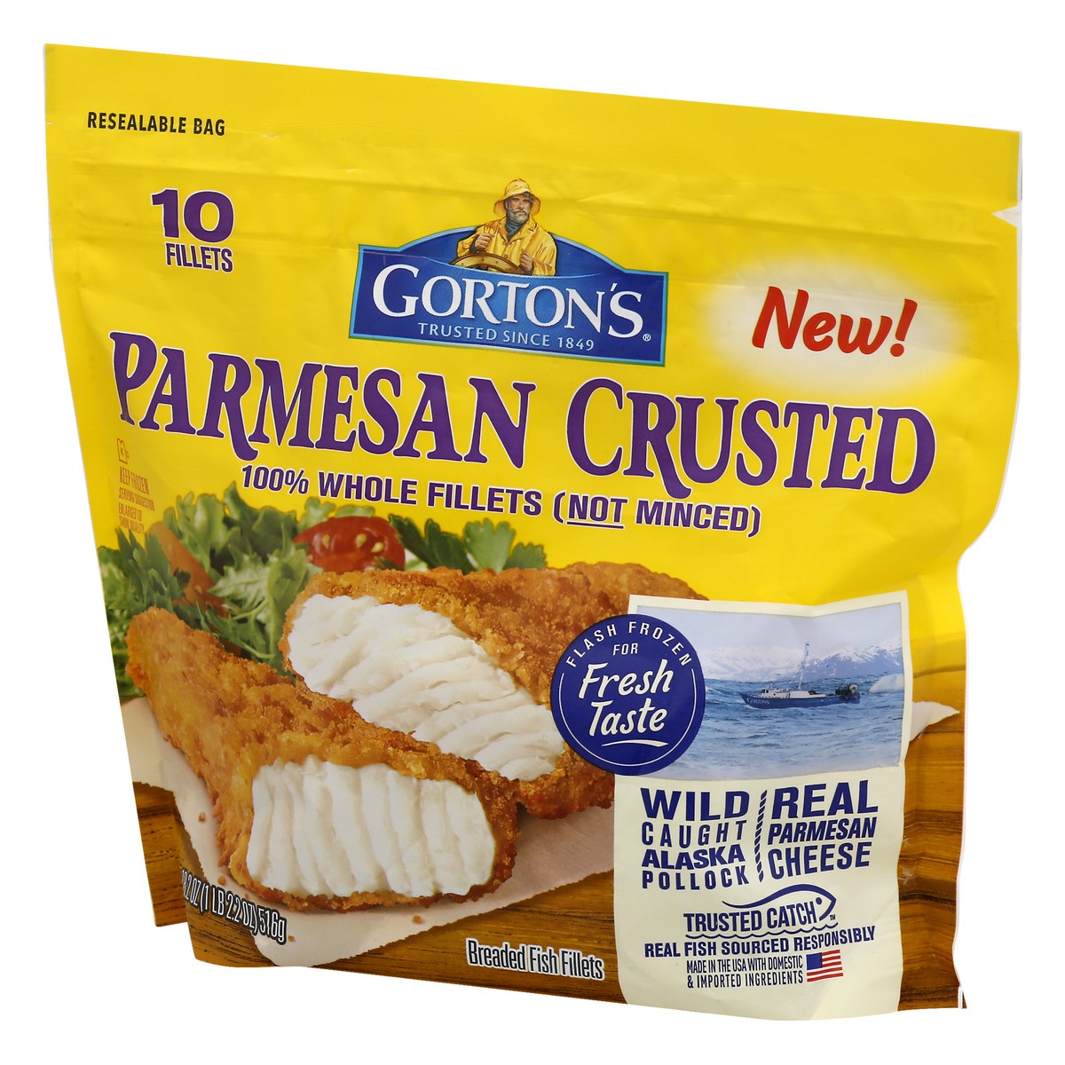 slide 7 of 12, Gorton's Gorton''s Parmesan Crusted Fish 100% Whole Fish Fillets (Not Minced), Wild Caught Alaskan Pollock, Frozen, 10 Count, 18.2 Ounce Resealable Bag, 10 ct